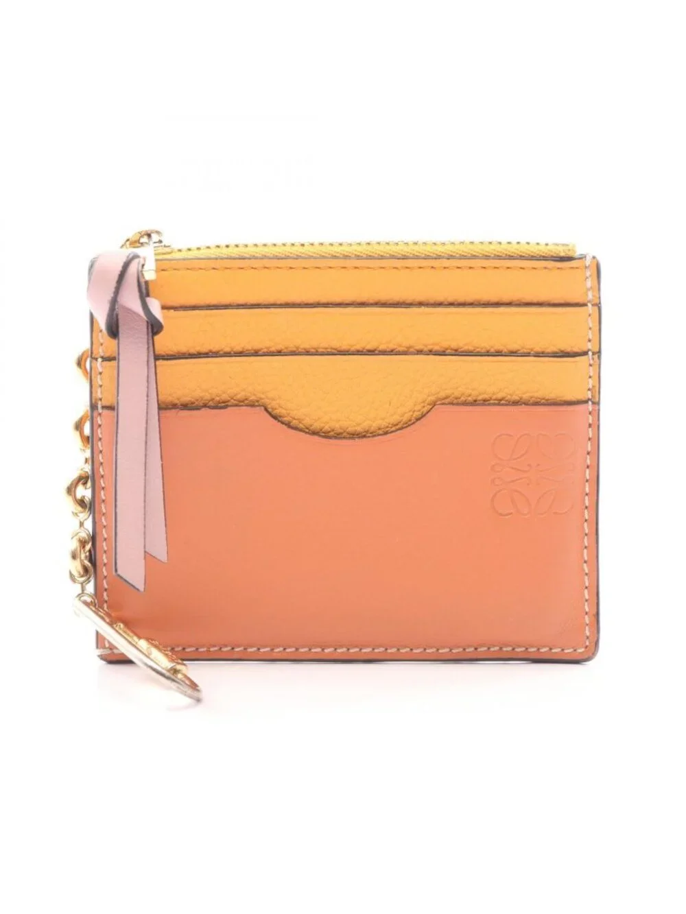 Loewe Coin Case Anagram Square Card Holder with Key Ring Apricot Orange Leather